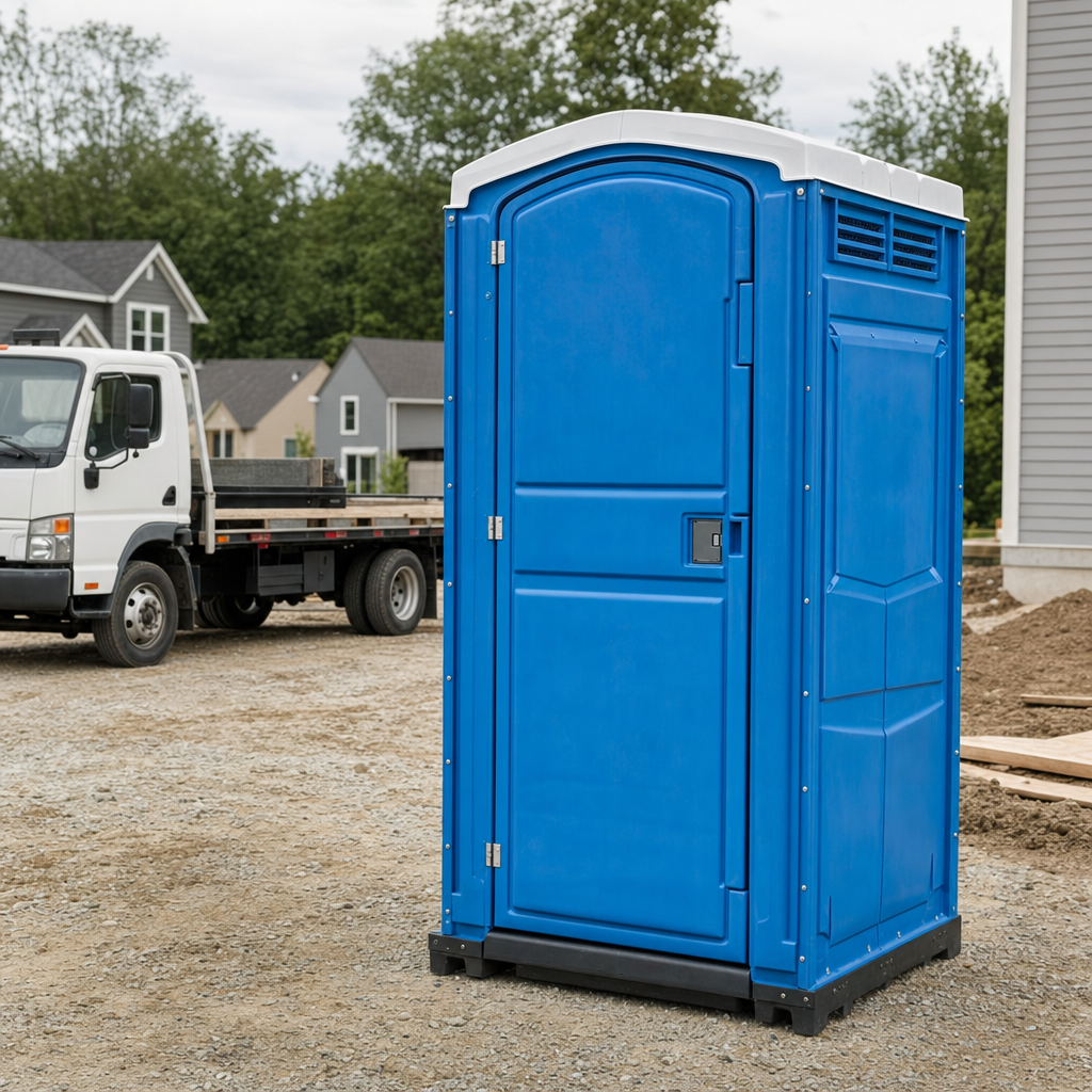 Delivery driver positioning a clean royal-blue portable toilet on level ground at a Victorville worksite