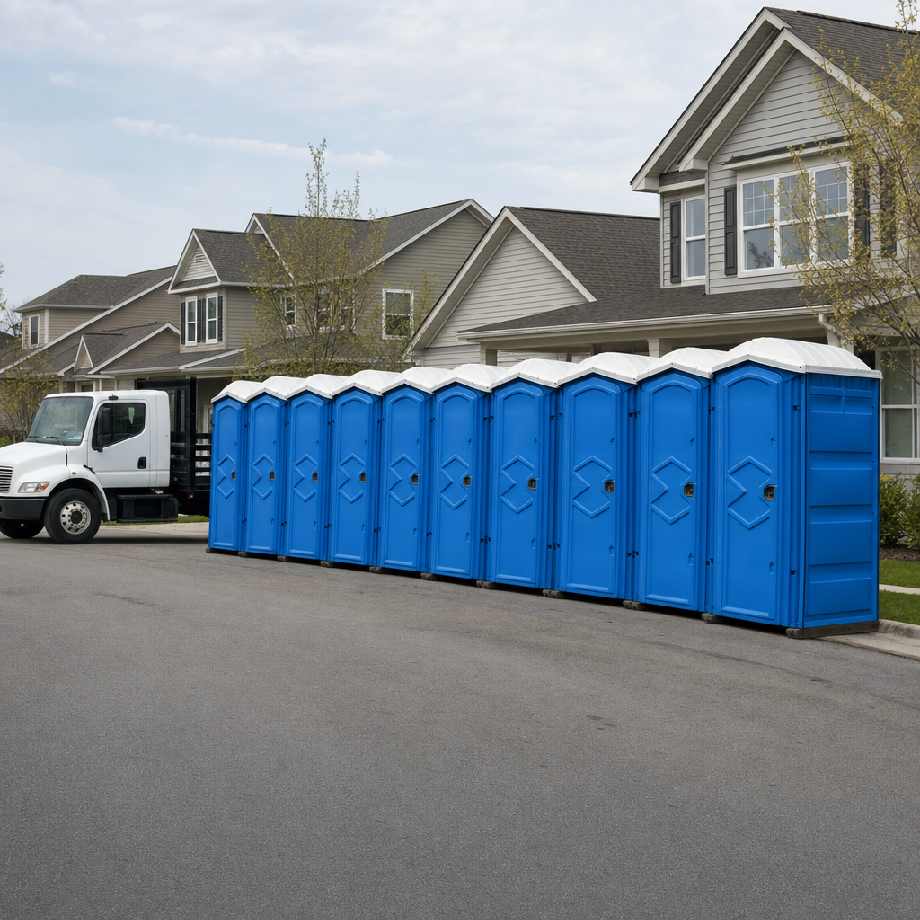 Royal blue portable toilets staged in a tidy row at a Victorville jobsite, ready for delivery